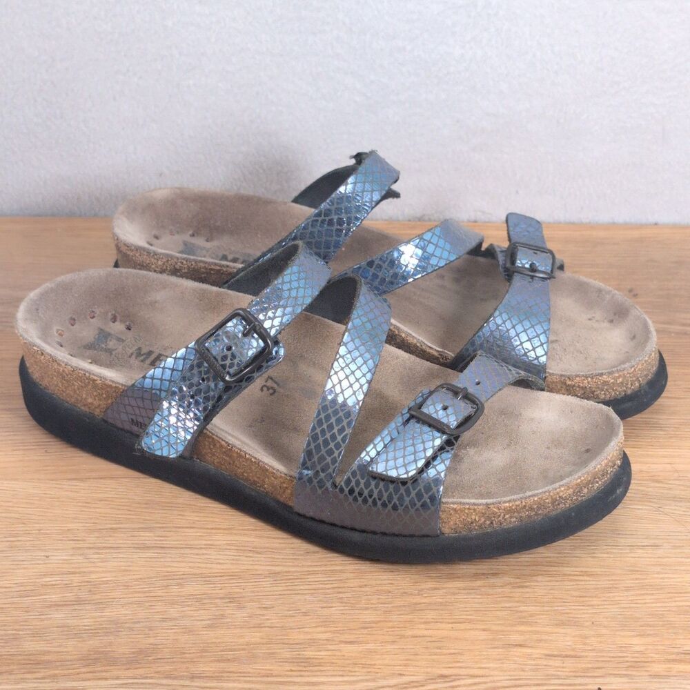 Mephisto Women's 6 EU 37 Slide Sandals Blue Snake Print Faux Leather Cork Shine
